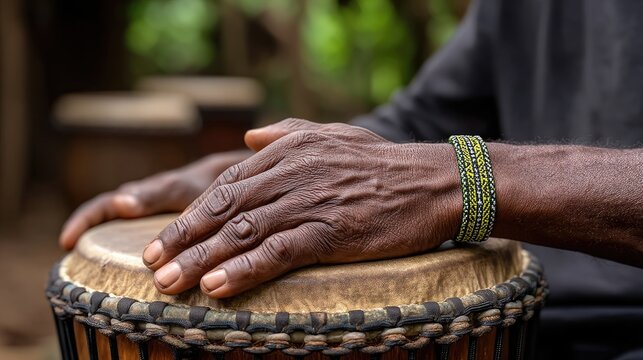 Close-up view of a drummer's hands on a djembe drum showing textured skin and a colorful bracelet in a natural setting