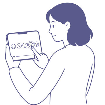 Mood check in mobile app interface with adult user black and white minimalist vector illustration