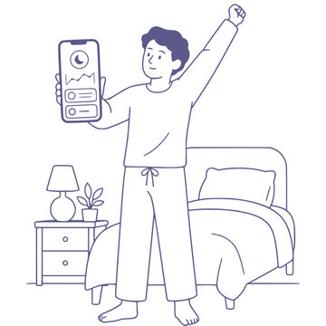 Sleep tracking mobile wellness app black and white vector illustration