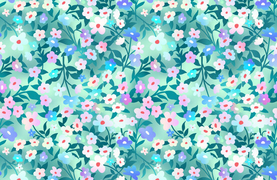 Vector small flowers holographic pattern background. Hand drawn rainbow foil tiny wildflowers on green gradient background. Cute ditsy floral wallpaper. Liberty retro fashion decor, cover, backdrop.