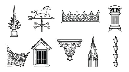 Vintage architectural roof elements set, 9 Victorian building ornaments vector, antique weather vane and finial icons for restoration design © Saad