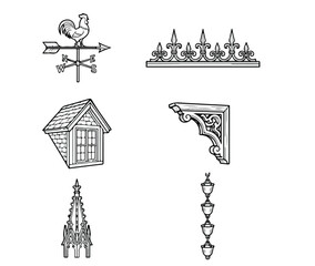 Vintage architectural elements set, hand drawn victorian house details, 6 vector icons featuring weather vane and dormer window for home design © Saad