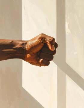 A dark, textured fist, illuminated by strong sunlight and shadows