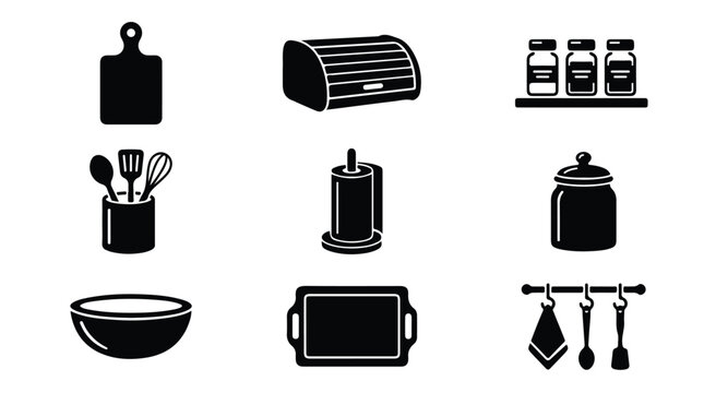 Minimalist kitchen icon set, black silhouette culinary tools and storage containers, 9 vector kitchenware elements for interior design and cooking apps