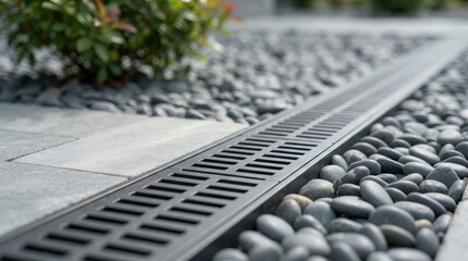 Metal trench drain grate installed between stone pavers and pebble landscaping.