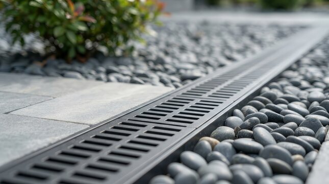 Metal trench drain grate installed between stone pavers and pebble landscaping.