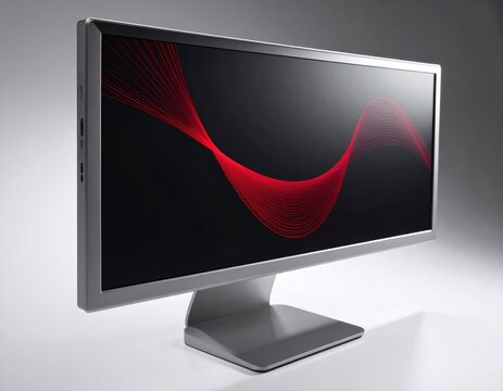 Sleek, modern widescreen monitor displays a vibrant red abstract wave on black