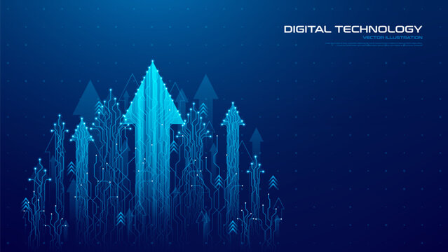 Financial or tech concept background. Ascending digital arrows made by circuit lines form rising energy flow. Vector illustration representing business growth, technology innovation, digital progress.