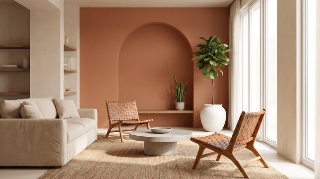 Modern living room interior with terracotta accent wall, arched niche, beige sofa, woven leather chairs, and large potted plant in natural sunlight