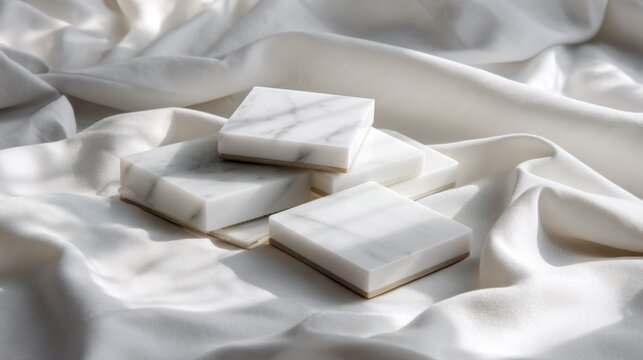 Elegant white marble squares arranged on soft draped fabric. Luxurious white marble squares subtle veining are artfully placed on flowing, textured fabric creating sophisticated and serene composition