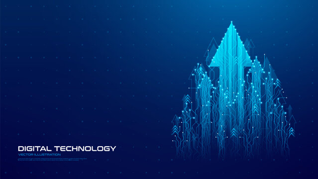 Futuristic rising glowing arrows. Ascending circuit-board arrows create dynamic flow of digital energy. Vector illustration representing business growth, technology innovation, digital progress.