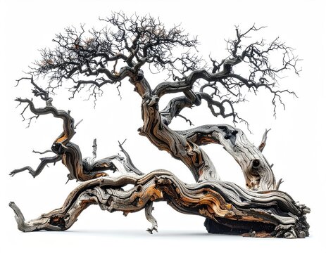 Gnarled, ancient, skeletal tree, starkly lit against a white background