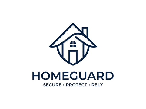 Clean graphic emblem depicting a house nested within a protective shield, symbolizing robust property safety, secure living, and reliable domestic protection services