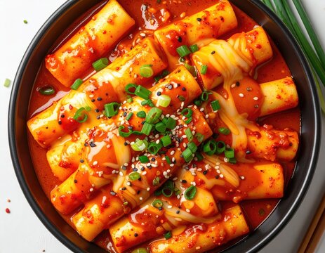 Delicious spicy rice cakes in red sauce with melted cheese, garnished with green onions and sesame seeds