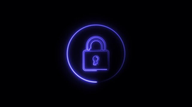 Glowing neon color animation lock icon protection safety security privacy password circle closed animated sign symbol on black background.  lock icon protection safety security privacy password 