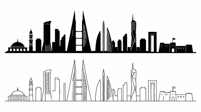 Bahrain City Skyline Silhouette and Line Art Vector Illustration
