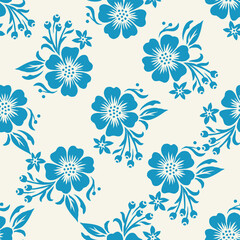 Obraz premium Blue floral seamless pattern with folk botanical flowers, decorative leaves and Scandinavian folk art style for textile, fabric, wallpaper, wrapping paper and surface design.