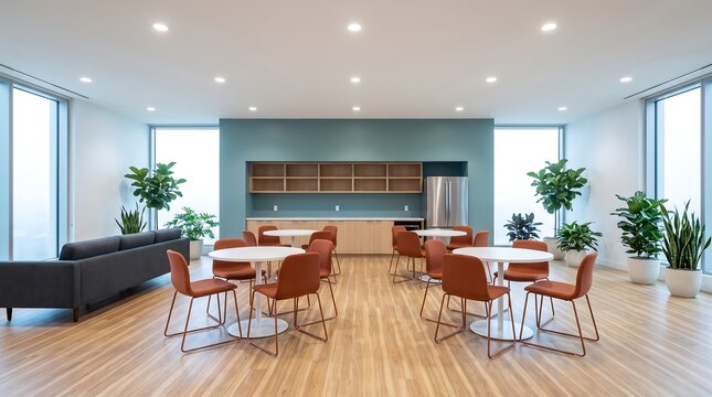 Modern office break room with a kitchenette, comfortable seating area, and large windows with natural light, featuring a minimalist design and plants
