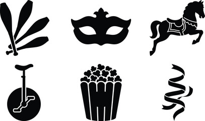 Circus and amusement park black silhouette icon set featuring carousel horse, unicycle, and carnival elements © Belal