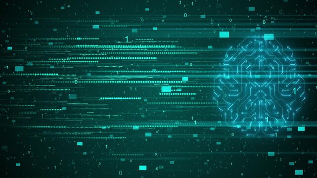 Teal AI circuit brain binary data, dotted streams, glowing processor outline, fast technology motion. artificial intelligence, software promos, automation explainers, coding intros, and cyber visuals.