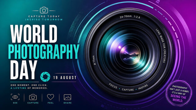 World photography day neon style poster with professional camera lens detail