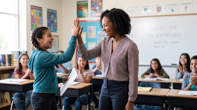 African American teacher high fives student in classroom