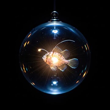 Glowing anglerfish inside a transparent glass orb ornament.