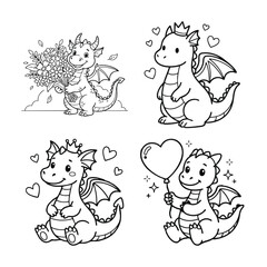 Obraz premium Royal Baby Dragon with Crown and Hearts Coloring Page