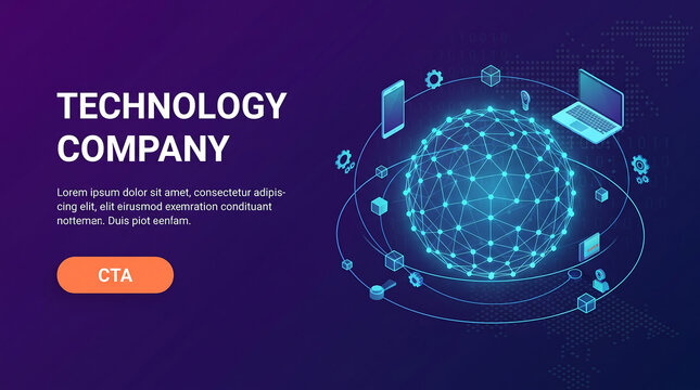 Isometric technology banner with digital globe. 3D network connection concept for business.