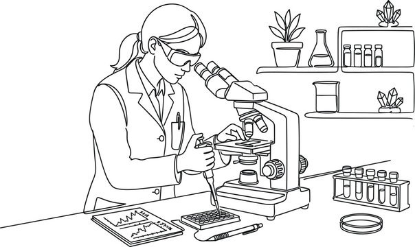 Female scientist conducting laboratory research with microscope pipette and scientific equipment outline illustrationFemale scientist conducting laboratory research with microscope pipette 