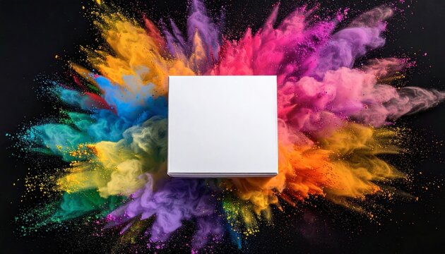 Colorful powder explosion around blank white square frame.