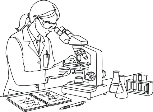 Female scientist using microscope in laboratory with research equipment outline vector illustrationFemale scientist using microscope in laboratory with research equipment outline vector illustration