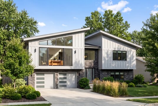 Modern splitlevel suburban home exterior with a contemporary design, featuring vertical board and batten siding, stone veneer, and a twocar garage