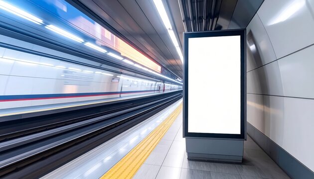 Modern subway station with blank digital advertisement screen.