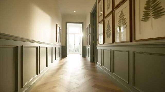 Elegant interior hallway with sage green wainscoting and framed leaf prints in bright daylight