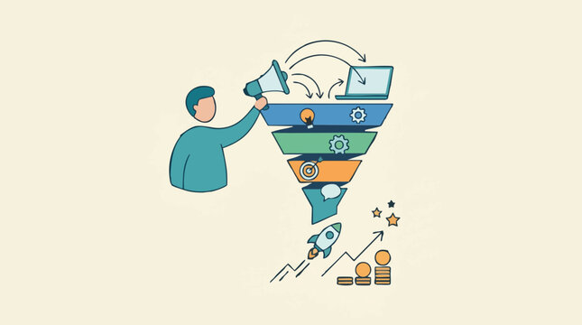 Marketing sales funnel, business growth strategy, lead generation process illustration