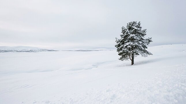 Lonely snow-covered tree in winter landscape. Isolated bare tree standing in white snowy field under foggy sky