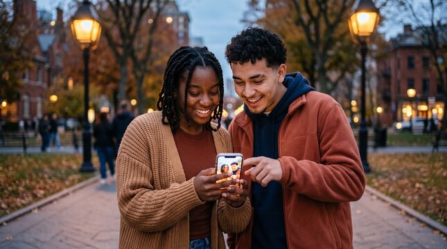 Diverse young couple looking at smartphone in autumn city park.