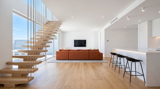 Modern open plan living room interior with wooden staircase, orange sofa, kitchen island with bar stools, and large windows with natural light