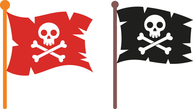Pirate Flag Icons with Skull and Crossbones Symbol Red and Black Vector Set
