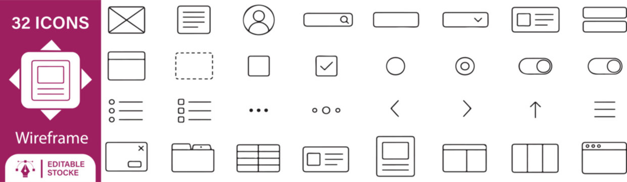 Wireframe and UI UX Component Line Icons Set - 32 Editable Stroke Web Layout and Mobile Prototype Website Vector Elements
