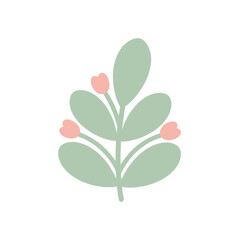 Obraz premium Botanical illustration featuring a symmetrical arrangement of soft sage green leaves and delicate pastel pink buds creates a serene and organic aesthetic suitable for various design projects.