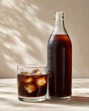Cold Brew Coffee Bottle and Glass with Ice on Light Surface