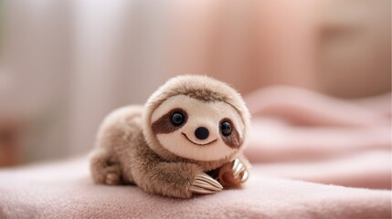 Fototapeta premium Adorable plush sloth toy with big eyes and soft fur resting on a pink blanket. A cute, fuzzy stuffed sloth toy with a friendly smile and shiny claws lies on a soft pink fabric surface