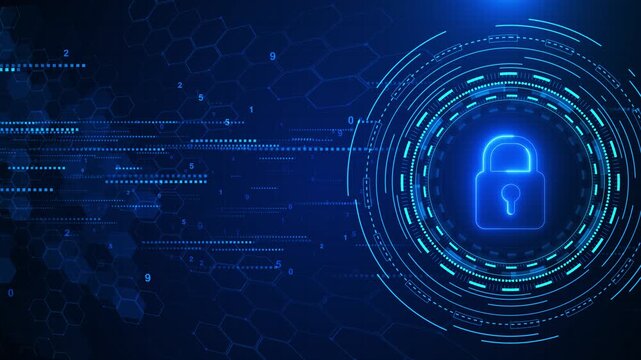Blue cyber security lock interface glowing padlock, circular HUD rings, hexagon patterns, numeric data, tech grid. for privacy , login screens, app security intros, software promos, digital protection