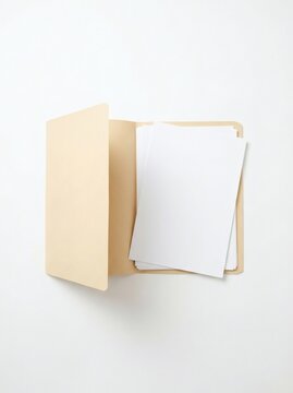 Open manila folder with blank white papers inside on a white background
