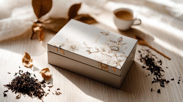 Elegant floral tea box with loose leaves and a cup of warm beverage. Beautifully decorated tea caddy sits on wooden surface next to scattered tea leaves steaming cup, evoking sense of calm tradition