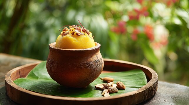 Traditional Indian dessert served in a clay pot with almonds and banana leaf. Delicious Indian sweet dish, possibly Halwa or Kheer, presented in clay pot adorned intricate carvings