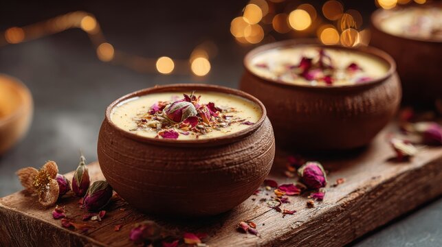 Traditional Indian dessert served in rustic clay pots with rose petals and bokeh lights. Creamy Kheer garnished with dried rose buds petals, presented in earthenware bowls with soft bokeh background