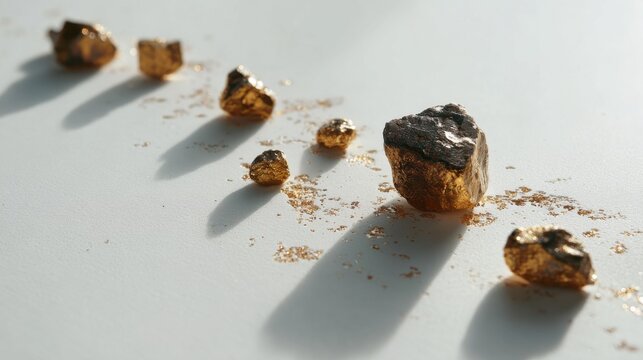 Stunning gold nuggets with shimmering reflections on a smooth surface. These captivating gold nuggets showcase their unique textures and gleam under soft light